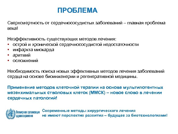 ПРОБЛЕМА Сверхсмертность от сердечнососудистых заболеваний – главная проблема века! Неэффективность существующих методов лечения: •