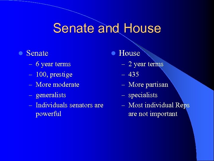 Senate and House l Senate l House – 6 year terms – 2 year