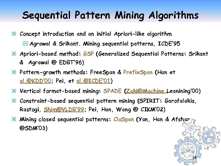 Sequential Pattern Mining Algorithms z Concept introduction and an initial Apriori-like algorithm y Agrawal