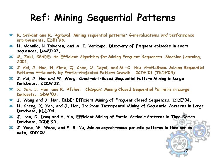 Ref: Mining Sequential Patterns z R. Srikant and R. Agrawal. Mining sequential patterns: Generalizations