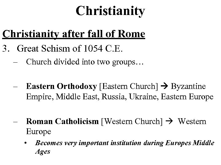 Christianity after fall of Rome 3. Great Schism of 1054 C. E. – Church