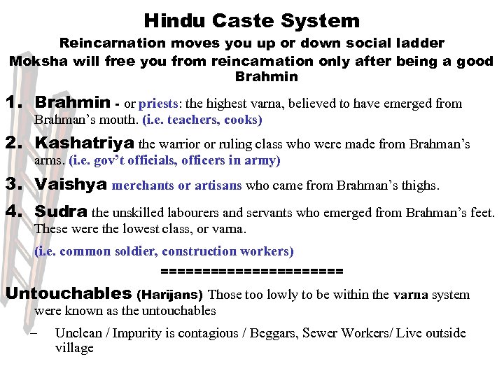 Hindu Caste System Reincarnation moves you up or down social ladder Moksha will free