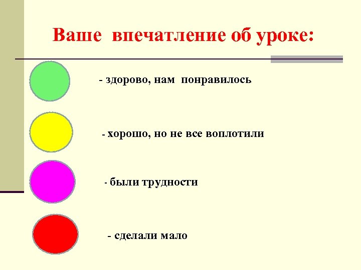 Ваше впечатление об уроке: - здорово, нам понравилось - хорошо, но не все воплотили