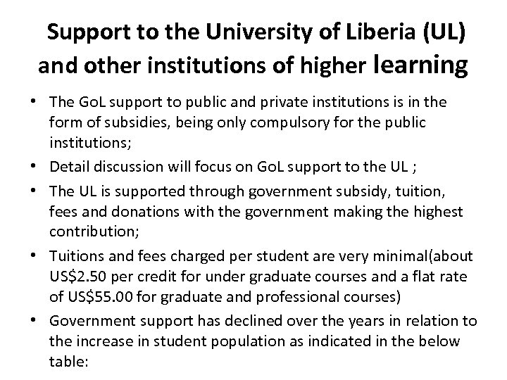 Support to the University of Liberia (UL) and other institutions of higher learning •