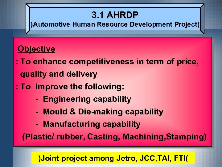 3. 1 AHRDP )Automotive Human Resource Development Project( Objective : To enhance competitiveness in