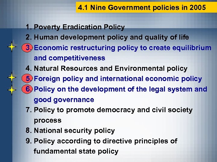 4. 1 Nine Government policies in 2005 1. Poverty Eradication Policy 2. Human development