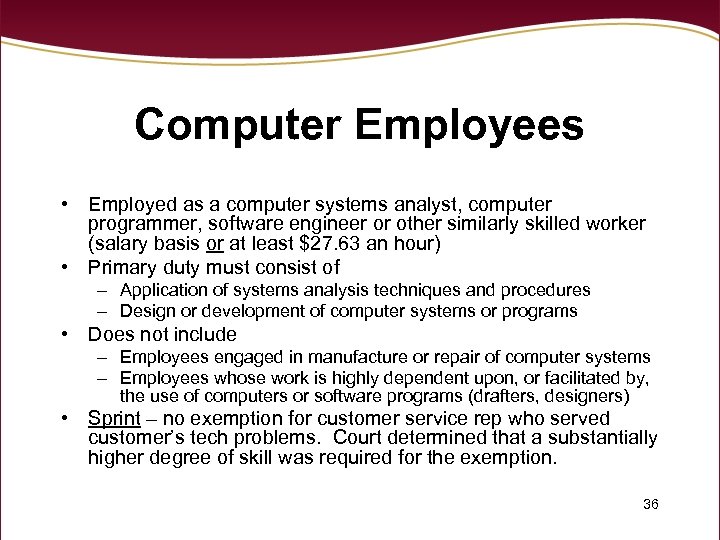 Computer Employees • Employed as a computer systems analyst, computer programmer, software engineer or