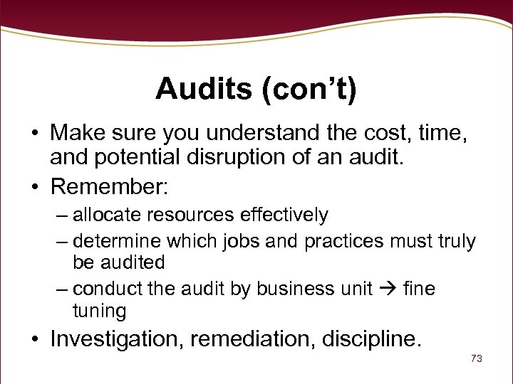 Audits (con’t) • Make sure you understand the cost, time, and potential disruption of