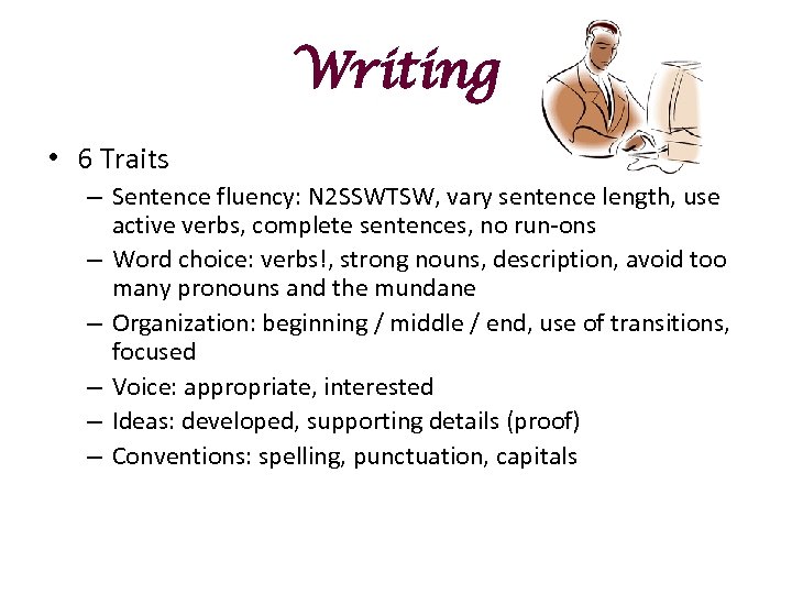 Writing • 6 Traits – Sentence fluency: N 2 SSWTSW, vary sentence length, use