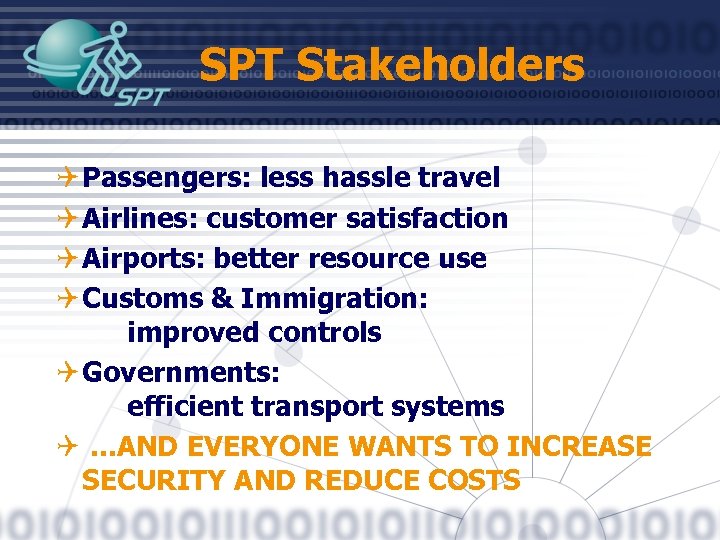 SPT Stakeholders Q Passengers: less hassle travel Q Airlines: customer satisfaction Q Airports: better