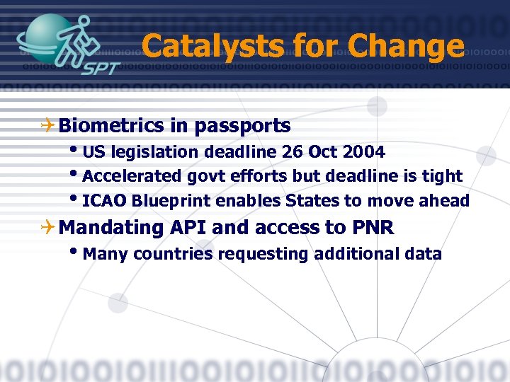 Catalysts for Change Q Biometrics in passports i. US legislation deadline 26 Oct 2004