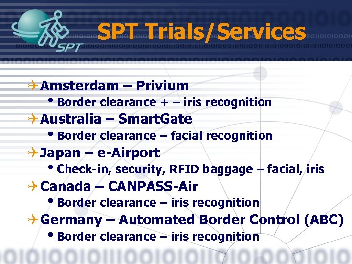 SPT Trials/Services Q Amsterdam – Privium i. Border clearance + – iris recognition Q