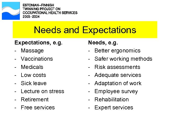 Needs and Expectations, e. g. - Massage - Vaccinations - Medicals - Low costs
