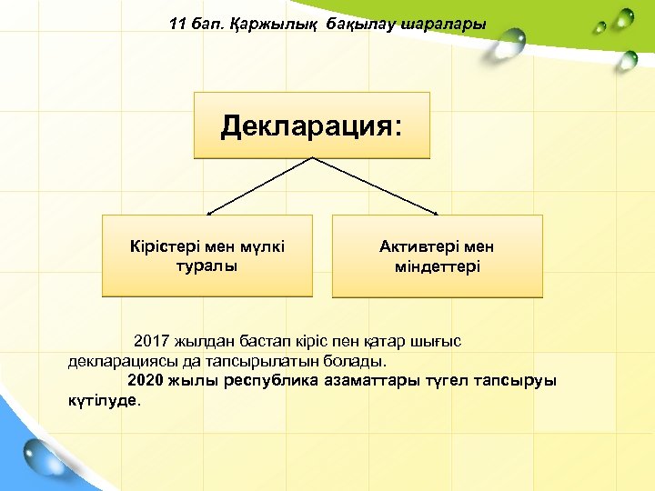 11 бап. Қаржылық бақылау шаралары Декларация: Кірістері мен мүлкі туралы Активтері мен міндеттері 2017