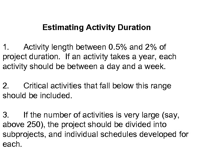 Estimating Activity Duration 1. Activity length between 0. 5% and 2% of project duration.