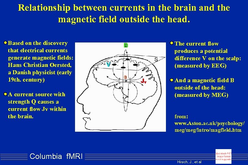 Relationship between currents in the brain and the magnetic field outside the head. Based