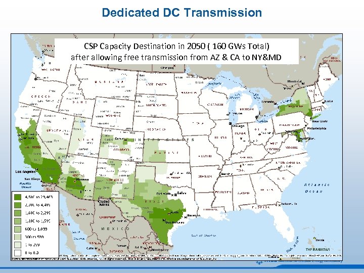 Dedicated DC Transmission CSP Capacity Destination in 2050 ( 160 GWs Total) after allowing