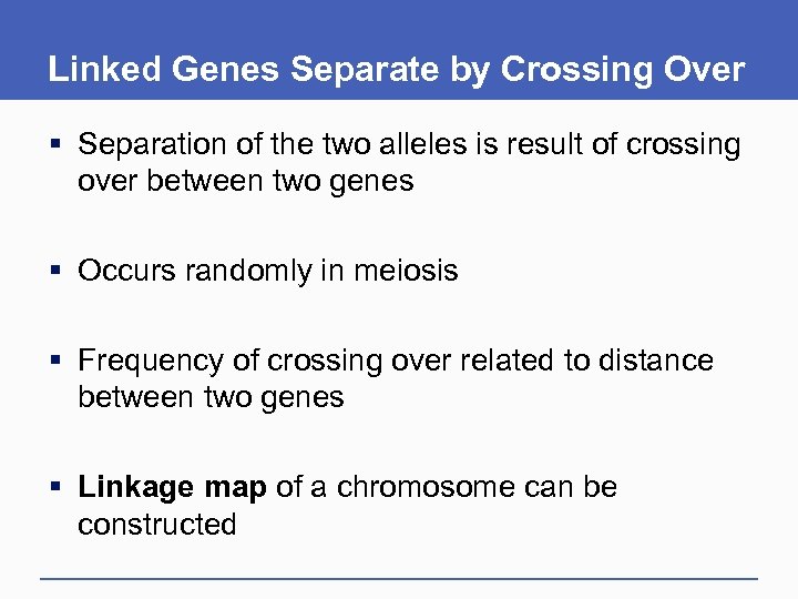 Linked Genes Separate by Crossing Over § Separation of the two alleles is result