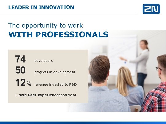 LEADER IN INNOVATION The opportunity to work WITH PROFESSIONALS 74 50 12 % developers