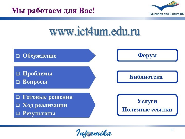 Мы работаем для Вас! q Обсуждение q Проблемы Вопросы q q Готовые решения Ход