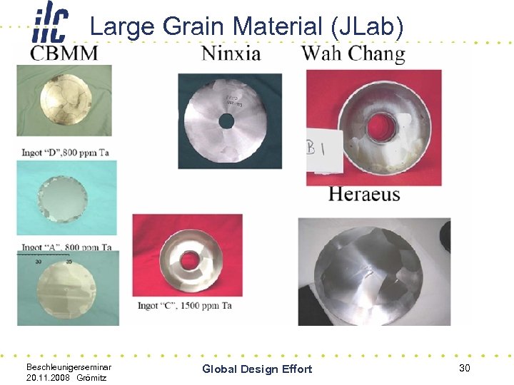 Large Grain Material (JLab) Beschleunigerseminar 20. 11. 2008 Grömitz Global Design Effort 30 