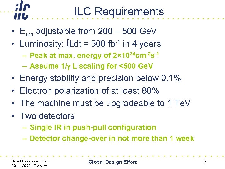 ILC Requirements • Ecm adjustable from 200 – 500 Ge. V • Luminosity: ∫Ldt