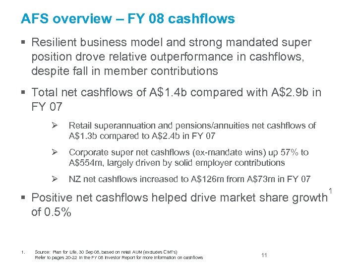 AFS overview – FY 08 cashflows § Resilient business model and strong mandated super