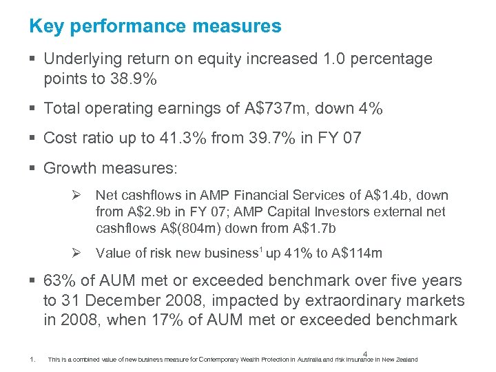 Key performance measures § Underlying return on equity increased 1. 0 percentage points to