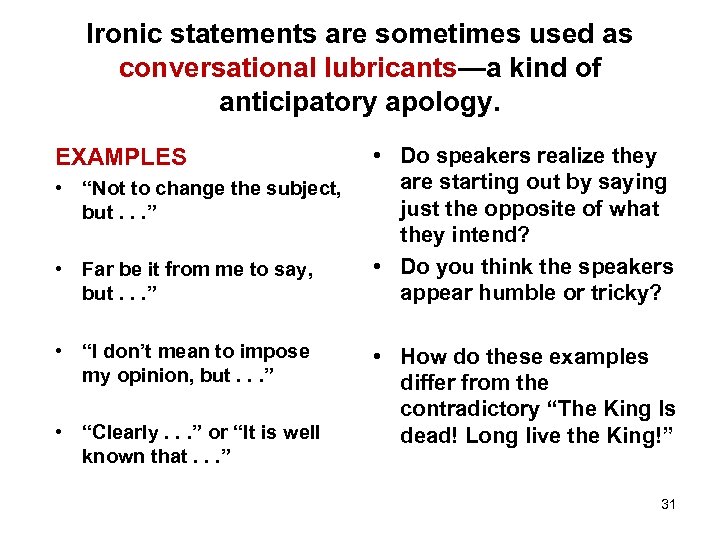 Ironic statements are sometimes used as conversational lubricants—a kind of anticipatory apology. EXAMPLES •