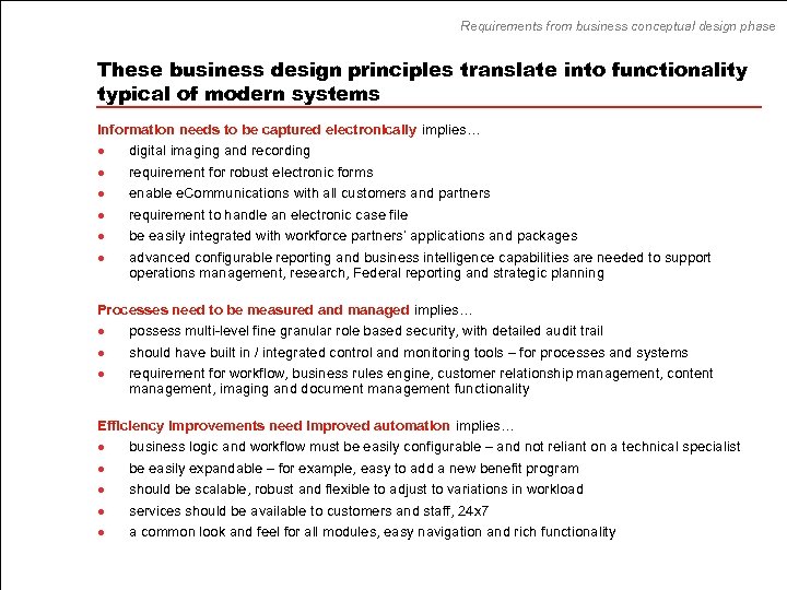Requirements from business conceptual design phase These business design principles translate into functionality typical