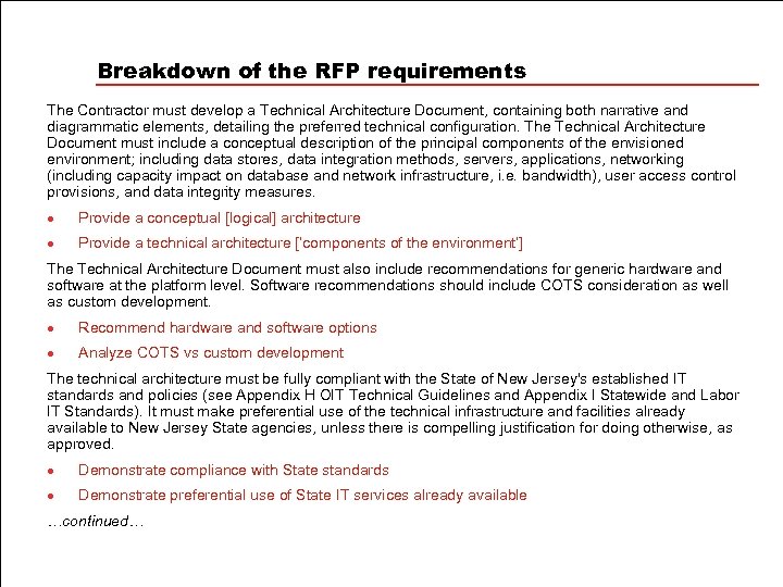 Breakdown of the RFP requirements The Contractor must develop a Technical Architecture Document, containing