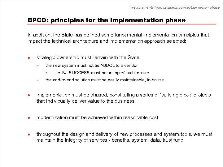 Requirements from business conceptual design phase BPCD: principles for the implementation phase In addition,