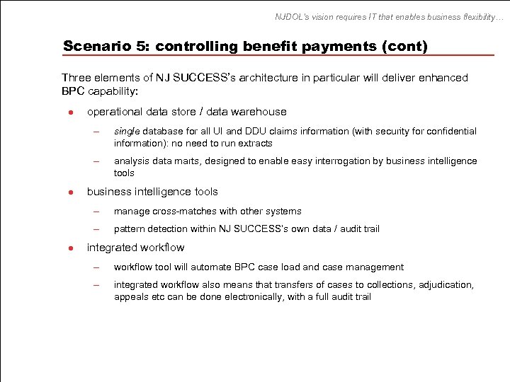 NJDOL’s vision requires IT that enables business flexibility… Scenario 5: controlling benefit payments (cont)
