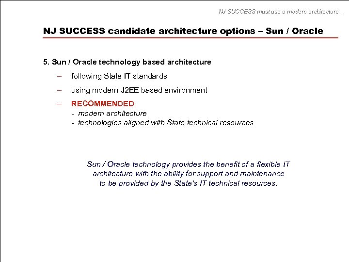 NJ SUCCESS must use a modern architecture… NJ SUCCESS candidate architecture options – Sun