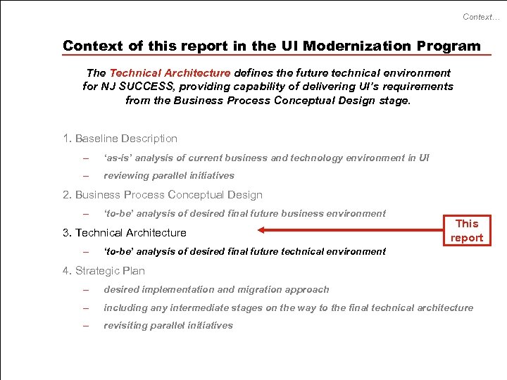 Context… Context of this report in the UI Modernization Program The Technical Architecture defines