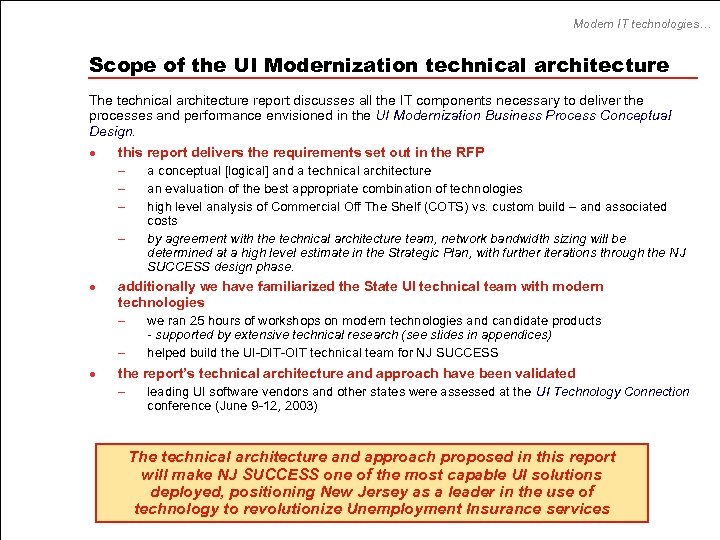 Modern IT technologies… Scope of the UI Modernization technical architecture The technical architecture report
