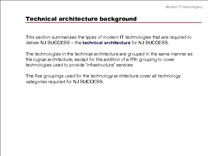 Modern IT technologies… Technical architecture background This section summarizes the types of modern IT