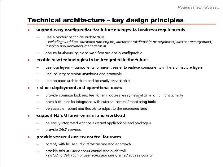 Modern IT technologies… Technical architecture – key design principles l support easy configuration for