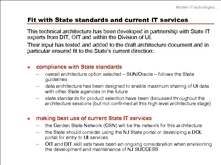 Modern IT technologies… Fit with State standards and current IT services This technical architecture