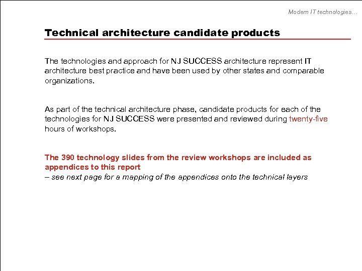 Modern IT technologies… Technical architecture candidate products The technologies and approach for NJ SUCCESS