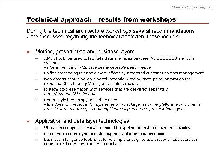 Modern IT technologies… Technical approach – results from workshops During the technical architecture workshops