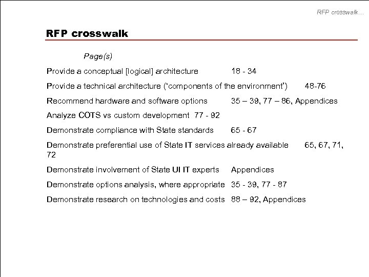 RFP crosswalk… RFP crosswalk Page(s) Provide a conceptual [logical] architecture 18 - 34 Provide