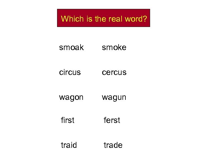 Which is the real word? smoak smoke circus cercus wagon wagun first ferst traid