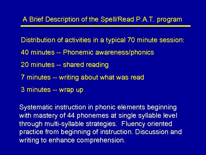 A Brief Description of the Spell/Read P. A. T. program Distribution of activities in