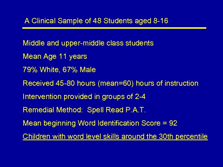 A Clinical Sample of 48 Students aged 8 -16 Middle and upper-middle class students