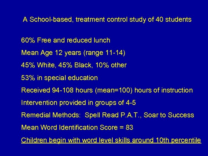 A School-based, treatment control study of 40 students 60% Free and reduced lunch Mean