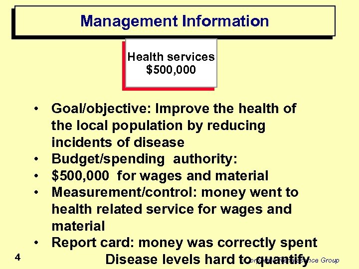 Management Information Health services $500, 000 4 • Goal/objective: Improve the health of the