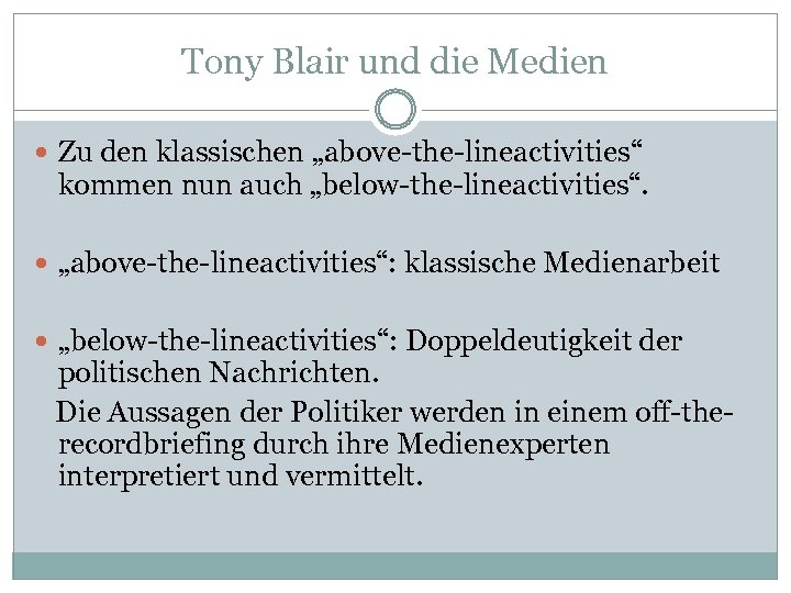 Tony Blair und die Medien Zu den klassischen „above-the-lineactivities“ kommen nun auch „below-the-lineactivities“. „above-the-lineactivities“: