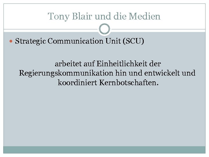 Tony Blair und die Medien Strategic Communication Unit (SCU) arbeitet auf Einheitlichkeit der Regierungskommunikation