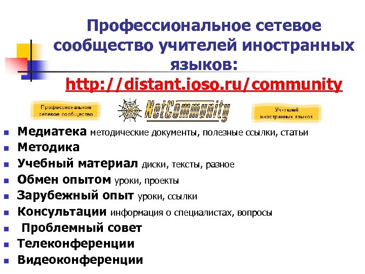 Профессиональное сетевое сообщество учителей иностранных языков: http: //distant. ioso. ru/community n n n n